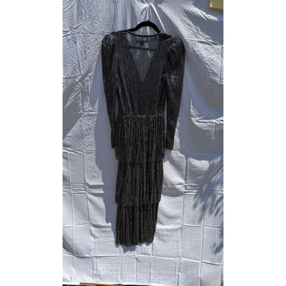 Sabina Musayev Metallic Tiered‎ Ruffle V-Neck Long Sleeve Dress XS